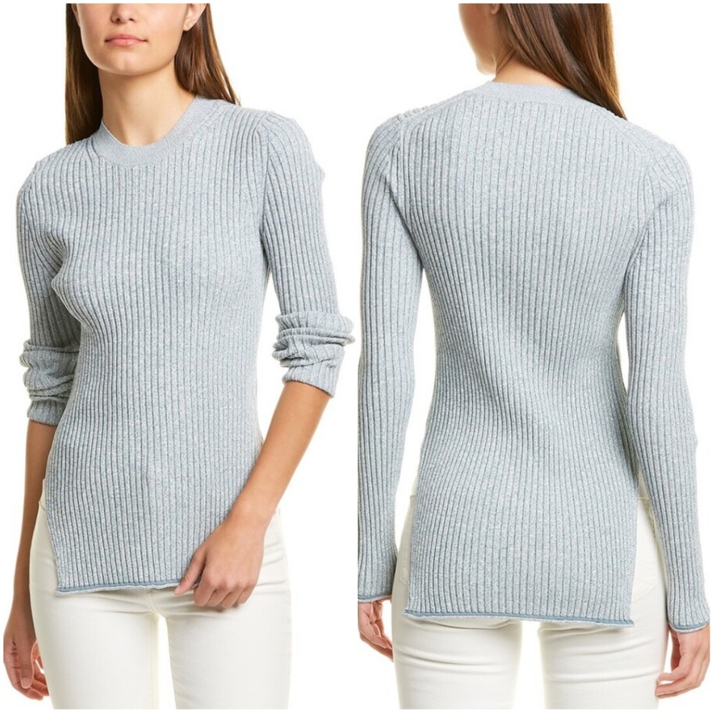 Theory Mouline Ribbed Knit Sweater Sky Blue Side Slit Size S NWT